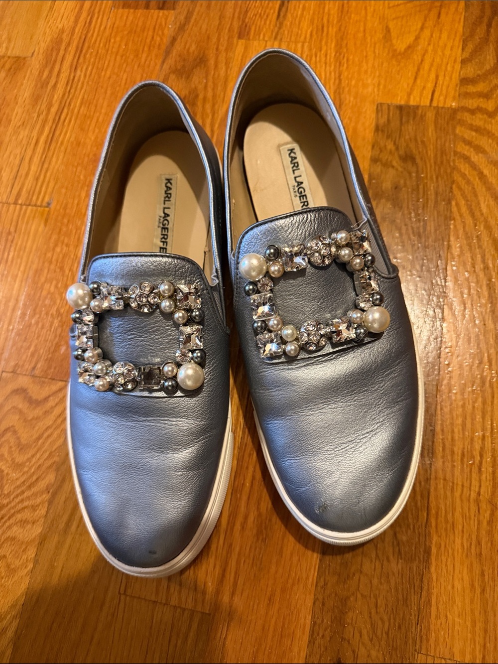Karl Lagerfeld Metallic Gray Slip-On Flats with Pearl & Crystal Buckle